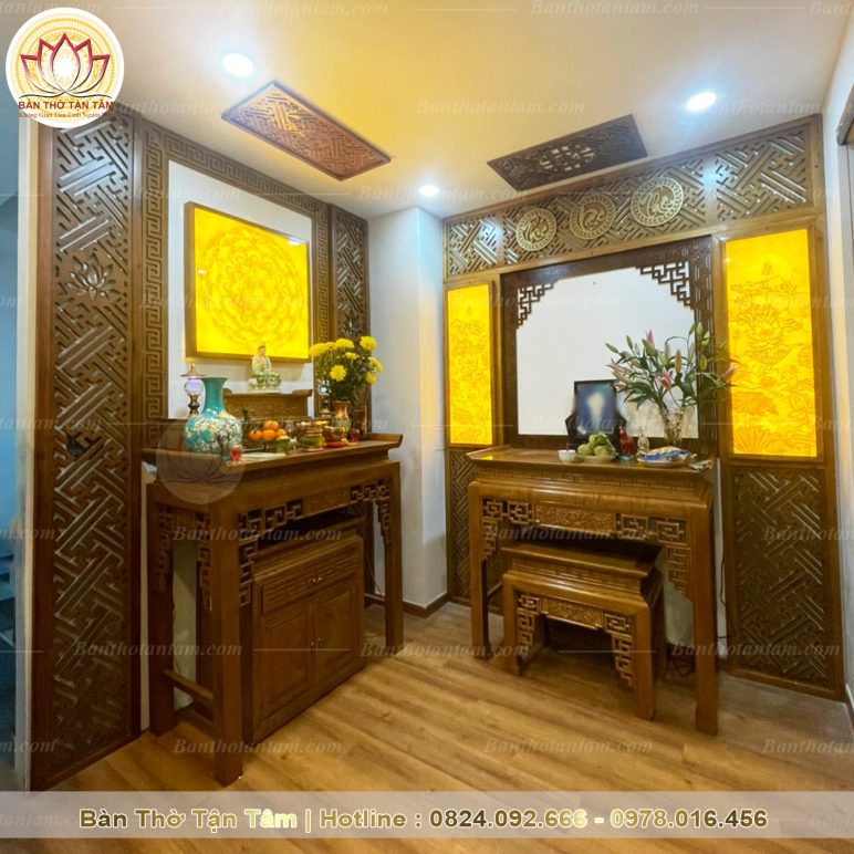 Mẫu phòng thờ đẹp đơn giản kết hợp đèn thờ A69 | Bàn thờ Tận Tâm